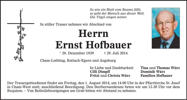 Traueranzeige Ernst Hofbauer