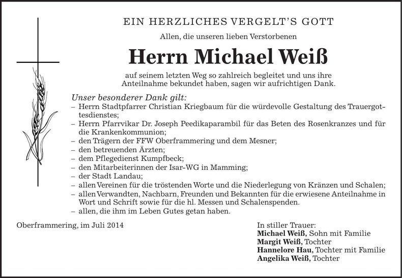 Traueranzeige Michael Weiß