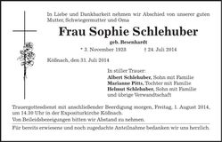 Traueranzeige Sophie Schlehuber