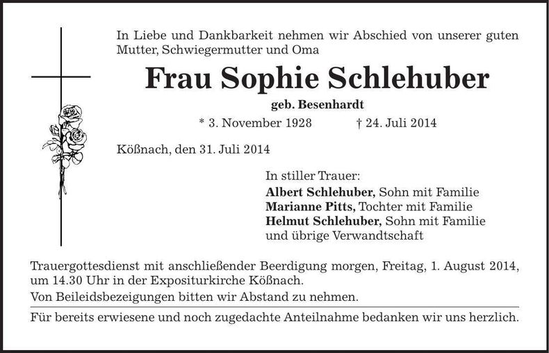 Traueranzeige Sophie Schlehuber