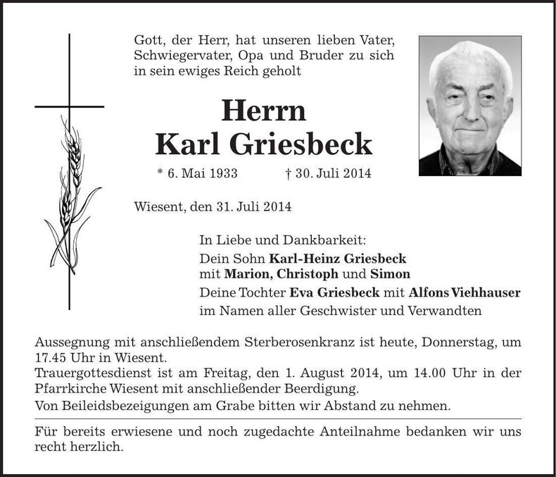 Traueranzeige Karl Griesbeck