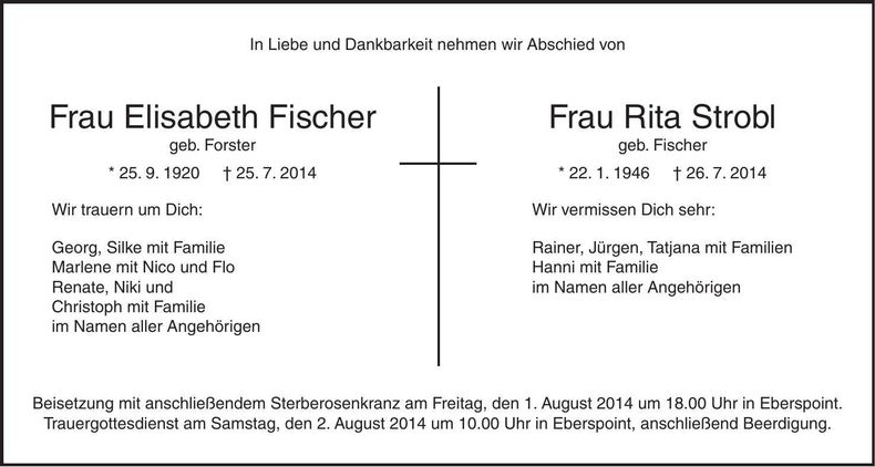 Traueranzeige Elisabeth Rita Fischer Strobl
