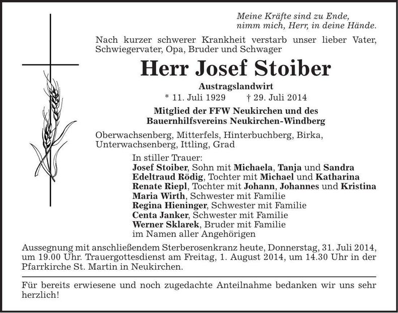 Traueranzeige Josef Stoiber