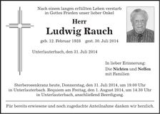 Traueranzeige Ludwig Rauch