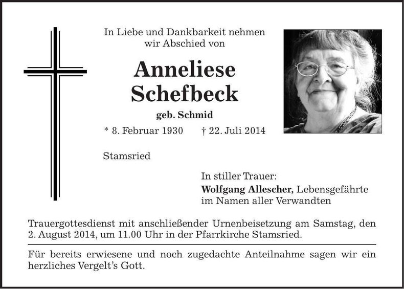 Traueranzeige Anneliese Schefbeck