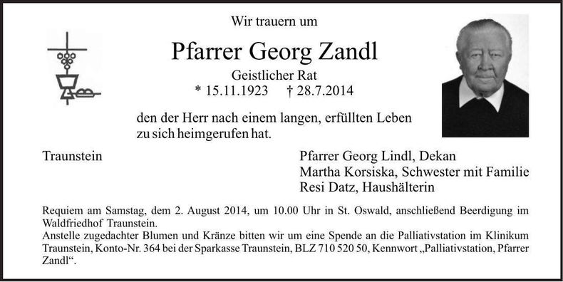 Traueranzeige Georg Zandl