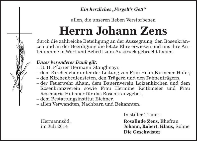 Traueranzeige Johann Zens
