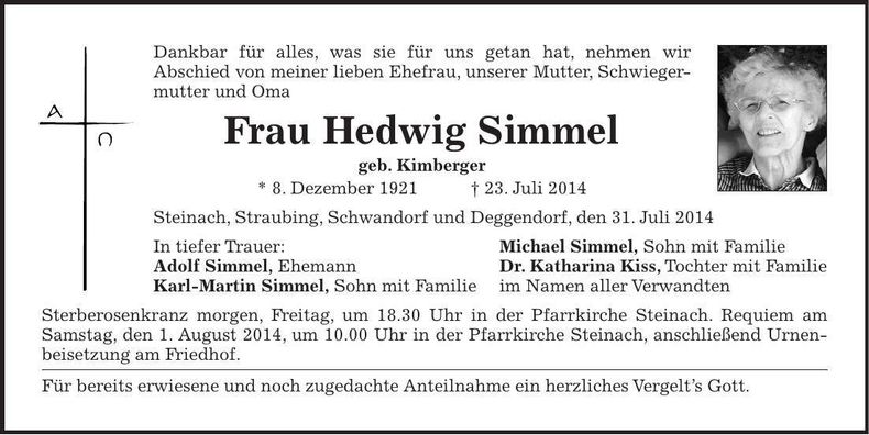 Traueranzeige Hedwig Simmel