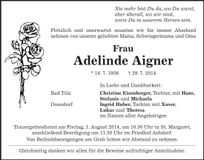 Traueranzeige Adelinde Aigner