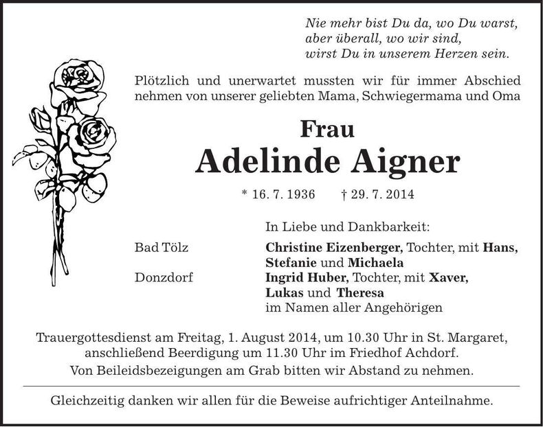 Traueranzeige Adelinde Aigner