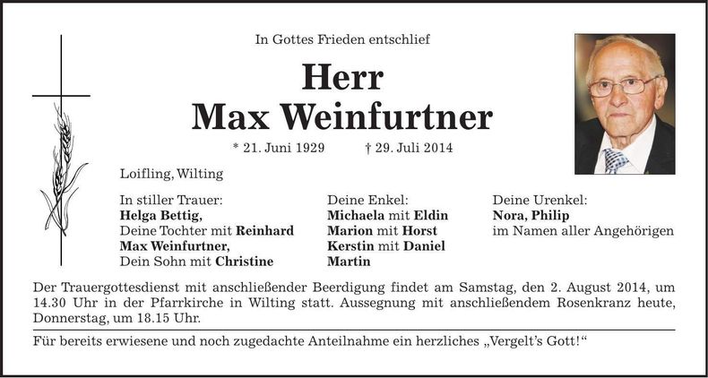 Traueranzeige Max Weinfurtner