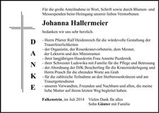Traueranzeige Johanna Hallermeier