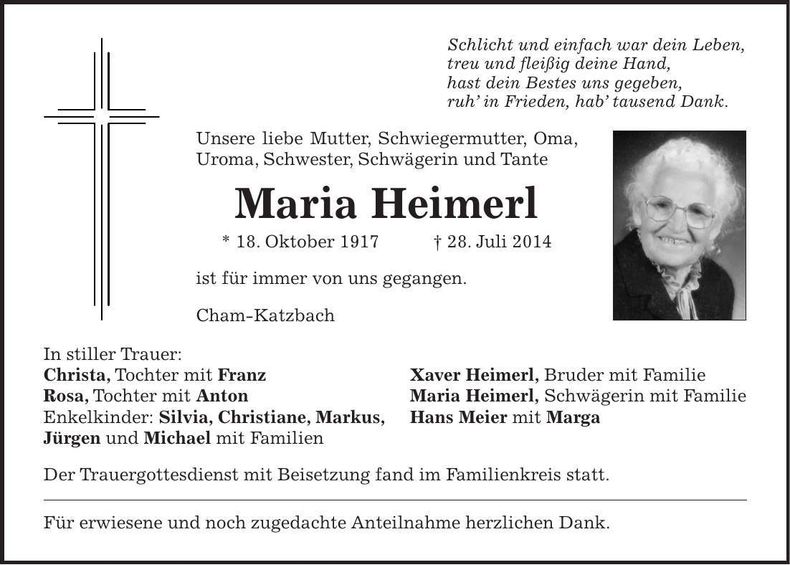 Traueranzeige Maria Heimerl
