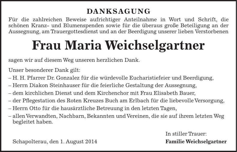 Traueranzeige Maria Weichselgartner