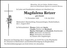 Traueranzeige Magdalena Retzer