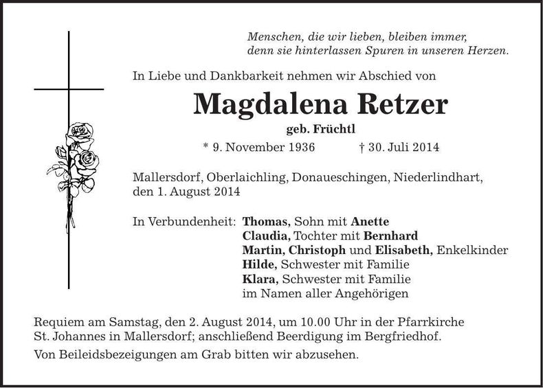 Traueranzeige Magdalena Retzer