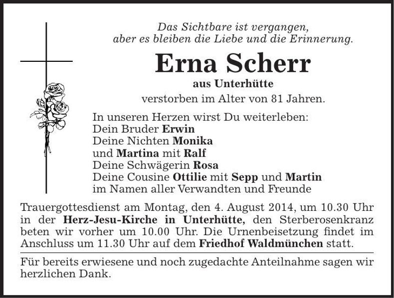 Traueranzeige Erna Scherr