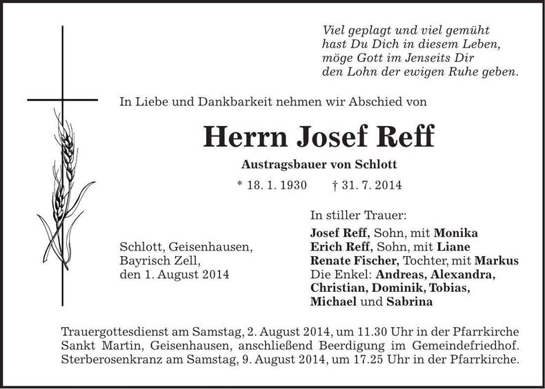 Traueranzeige Josef Reff