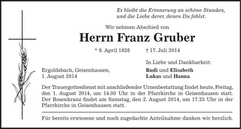 Traueranzeige Franz Gruber