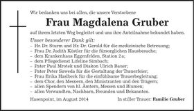 Traueranzeige Magdalena Gruber