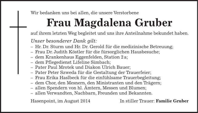Traueranzeige Magdalena Gruber