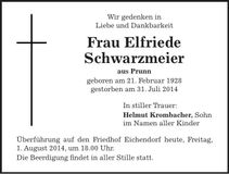 Traueranzeige Elfriede Schwarzmeier