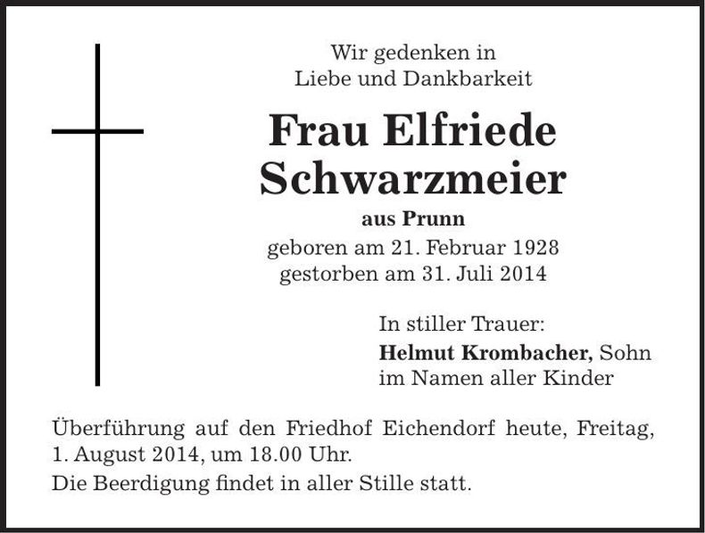 Traueranzeige Elfriede Schwarzmeier