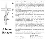 Traueranzeige Johann Krieger