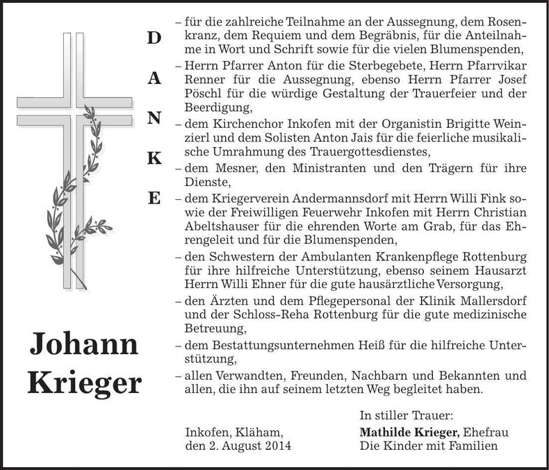 Traueranzeige Johann Krieger
