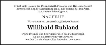 Traueranzeige Willibald Ruhland