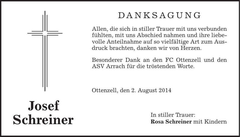 Traueranzeige Josef Schreiner