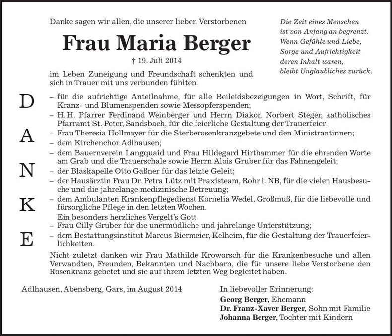 Traueranzeige Maria Berger
