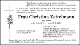 Traueranzeige Christina Zettelmann