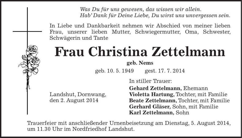 Traueranzeige Christina Zettelmann