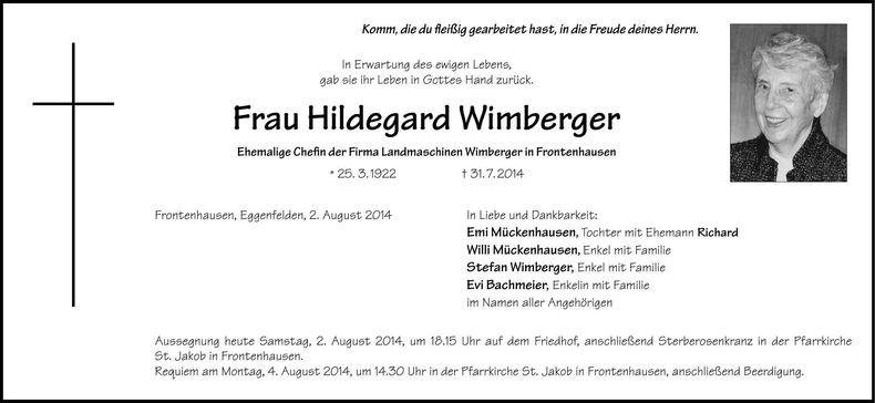 Traueranzeige Hildegard Wimberger