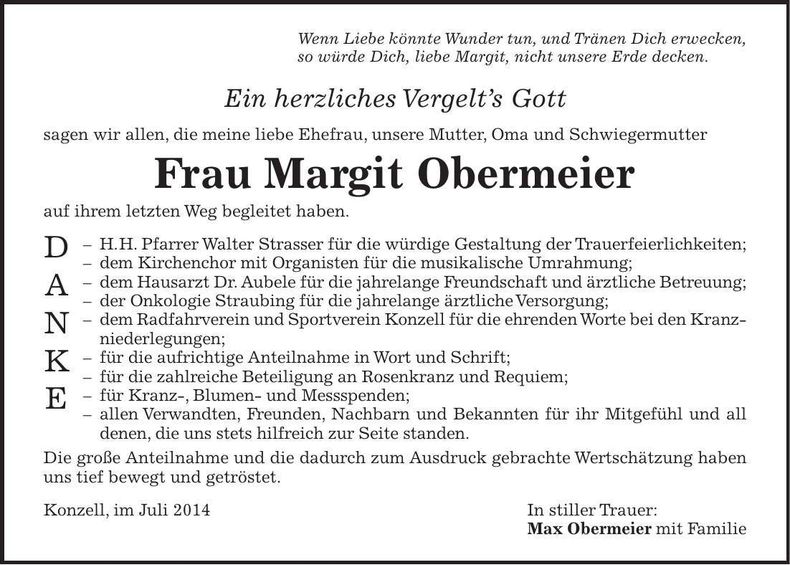 Traueranzeige Margit Obermeier