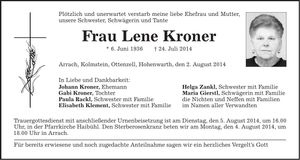 Traueranzeige Lene Kroner