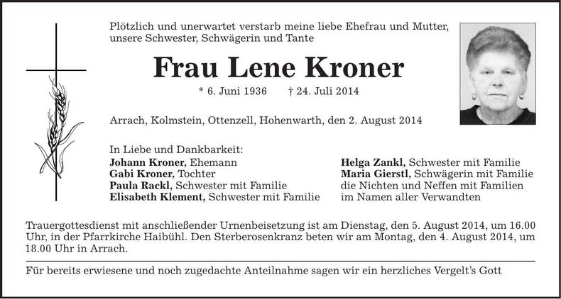 Traueranzeige Lene Kroner