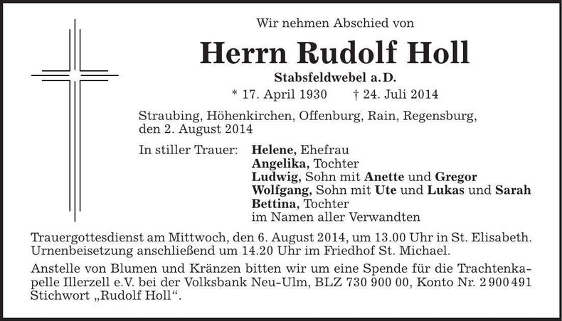 Traueranzeige Rudolf Holl