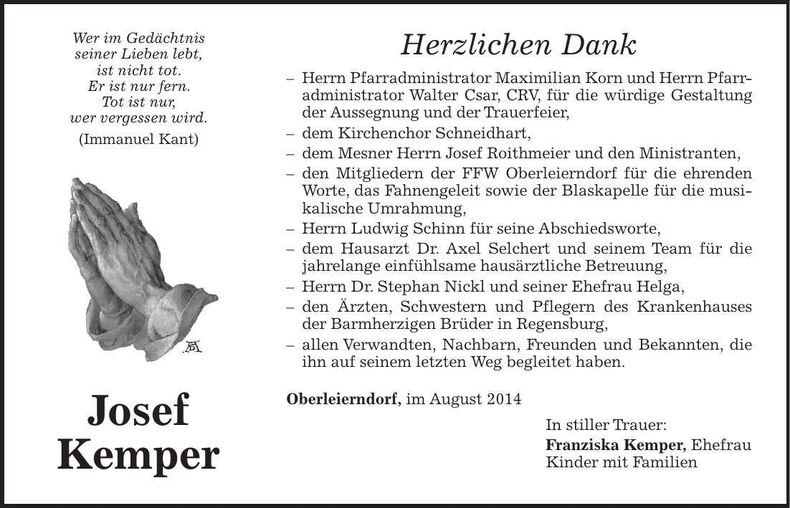 Traueranzeige Josef Kemper