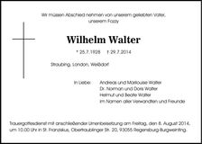 Traueranzeige Wilhelm Walter
