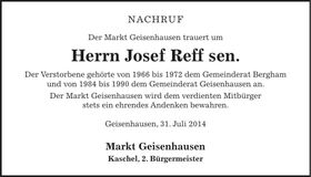 Traueranzeige Josef Reff