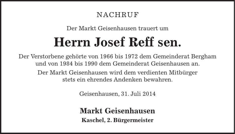 Traueranzeige Josef Reff