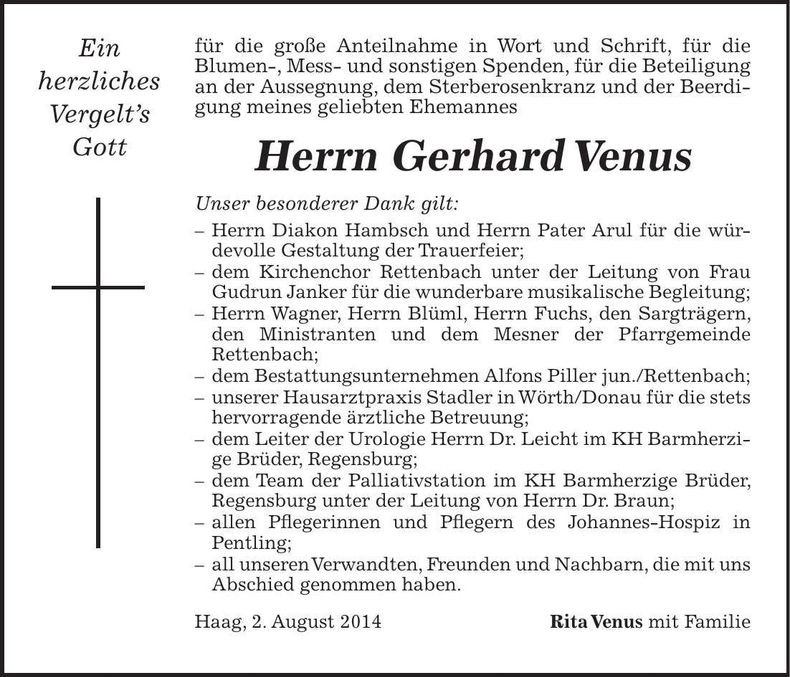 Traueranzeige Gerhard Venus
