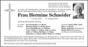Traueranzeige Hermine Schneider