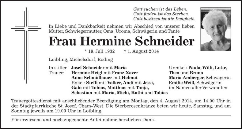 Traueranzeige Hermine Schneider