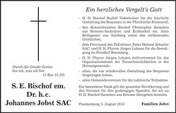 Traueranzeige S.E. Bischof em. Dr. h.c. Johannes Jobst SAC