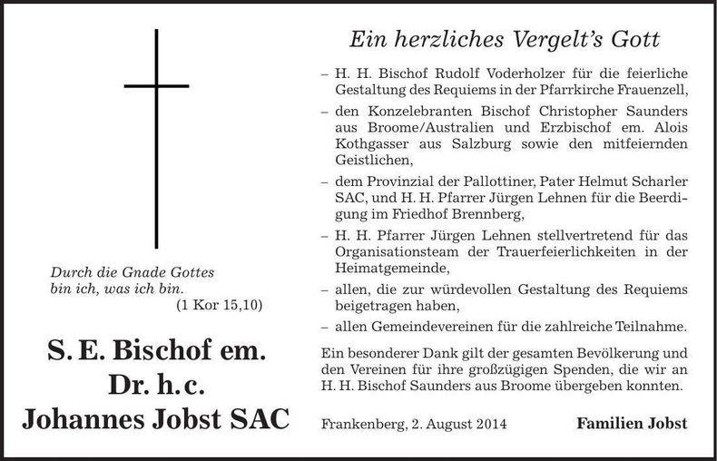 Traueranzeige S.E. Bischof em. Dr. h.c. Johannes Jobst SAC