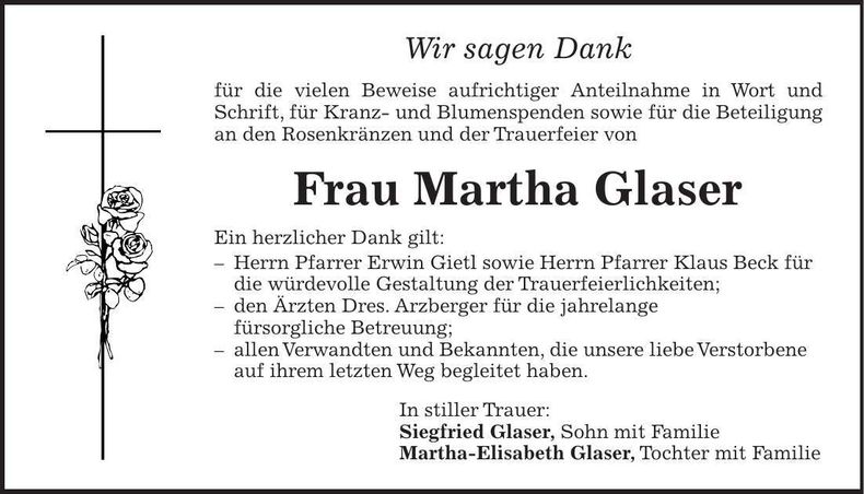 Traueranzeige Martha Glaser
