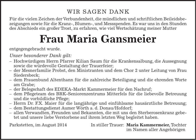 Traueranzeige Maria Gansmeier